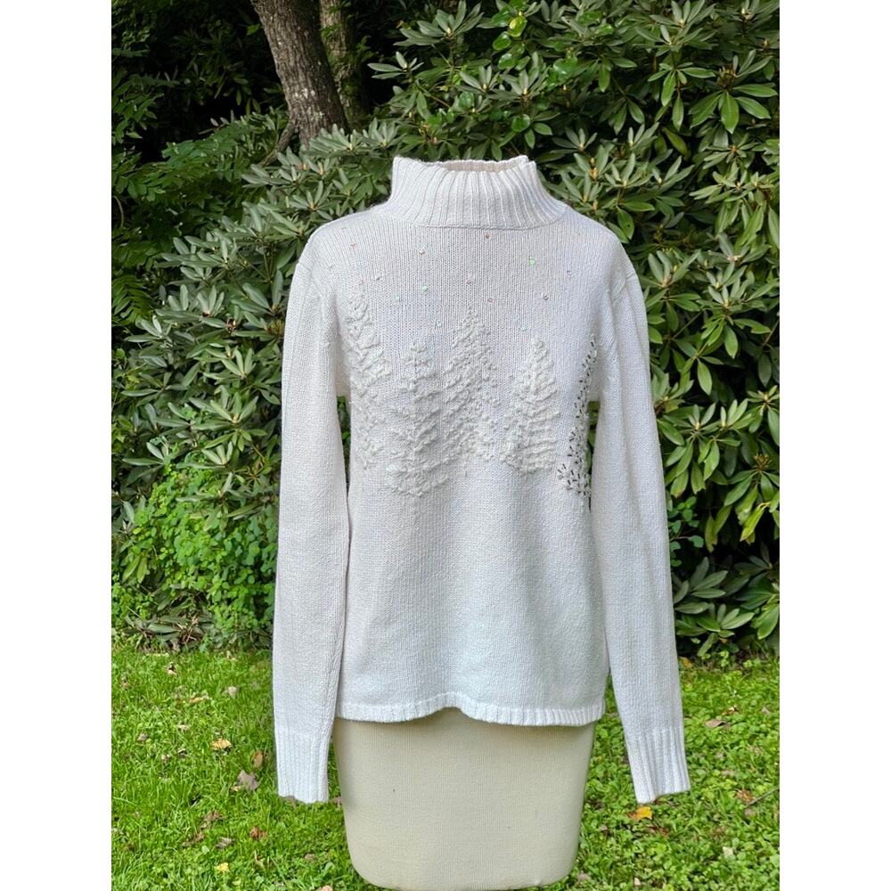 Womens XS Winter White Christmas Tree Sweater Holiday Party Cream Beige